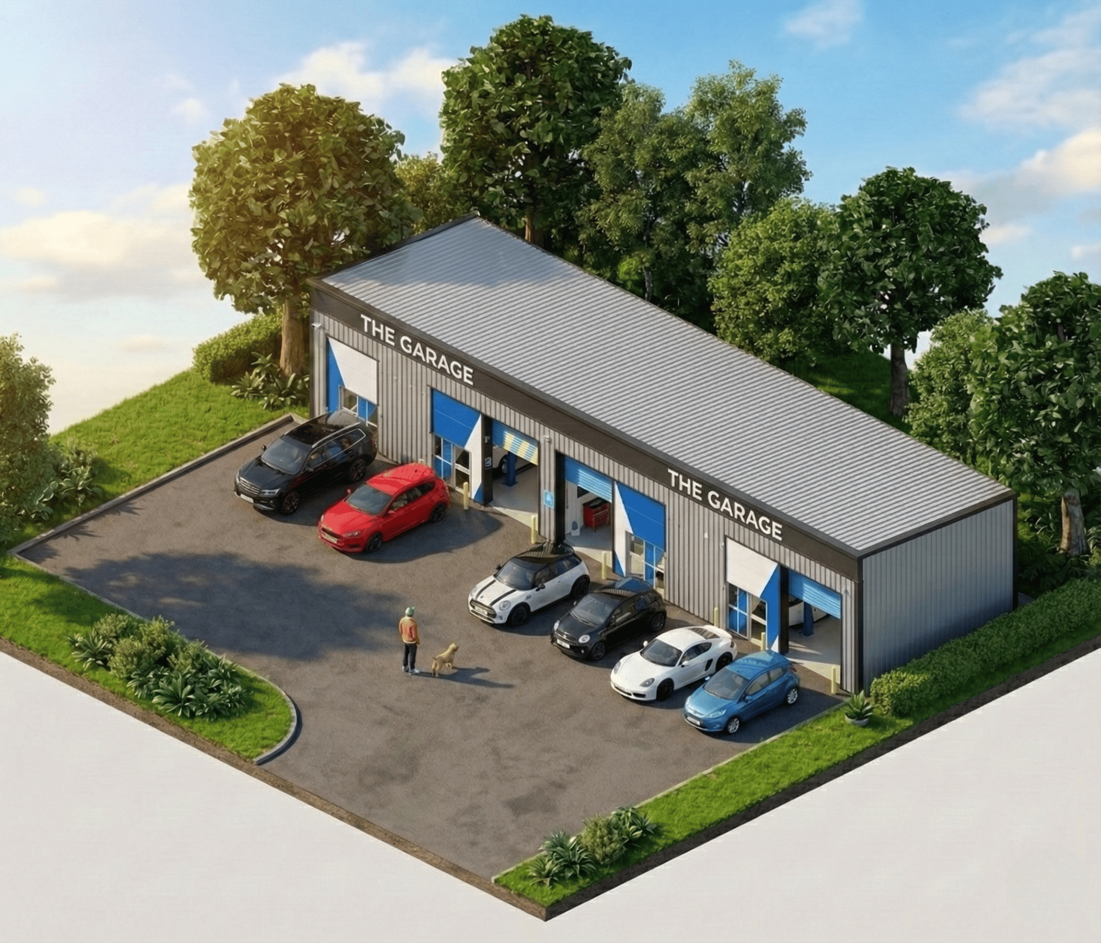 Garage with cars and customer